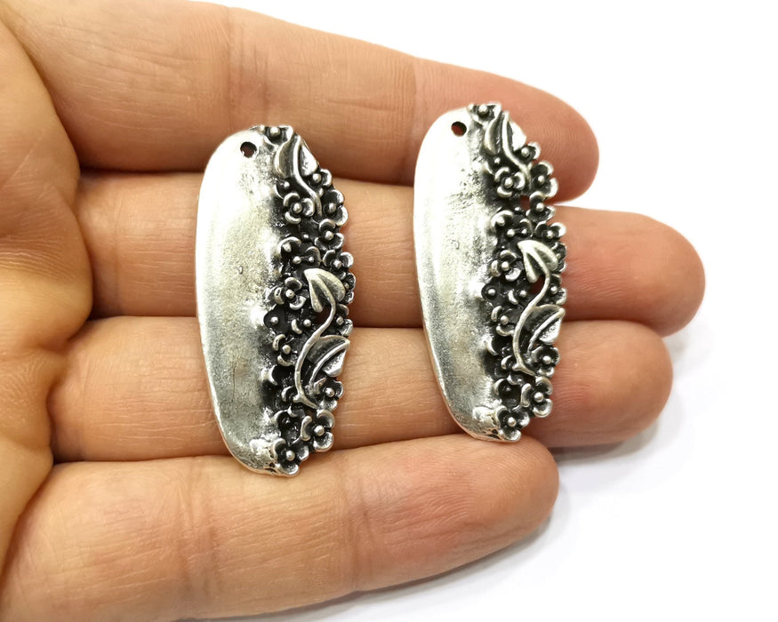 2 Silver Flowers Charms Antique Silver Plated Charms (43x19mm)  G17484