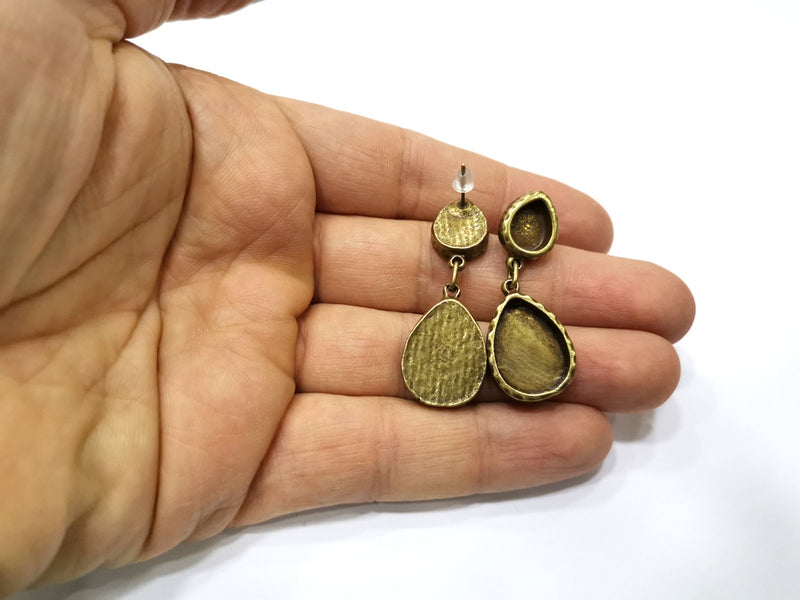 Earring Blank Backs Hammered Antique Bronze Resin Base inlay Blank Cabochon Mountings Antique Bronze (18x13+10x8mm blank) 1 pair G17496