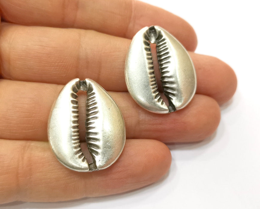 2 Large  Cowrie Shell Charms Silver Charms Antique Silver Plated Metal (28x23mm) G17834