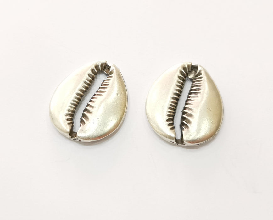 2 Large  Cowrie Shell Charms Silver Charms Antique Silver Plated Metal (28x23mm) G17834