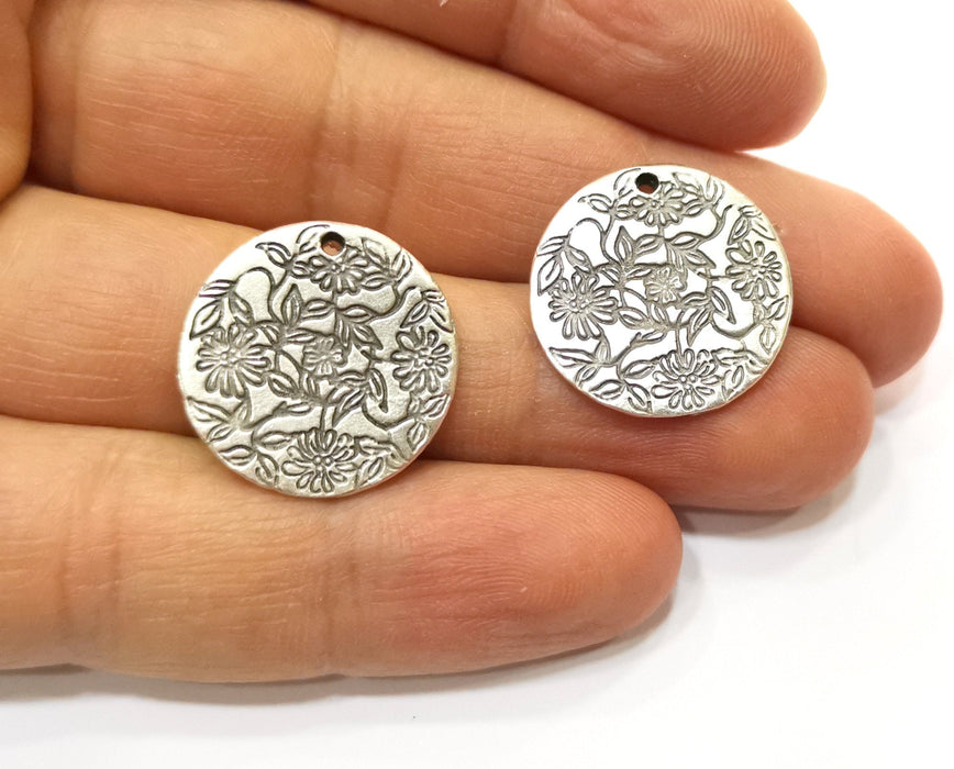 4 Flower Charms Antique Silver Plated Charms (21mm)  G17845