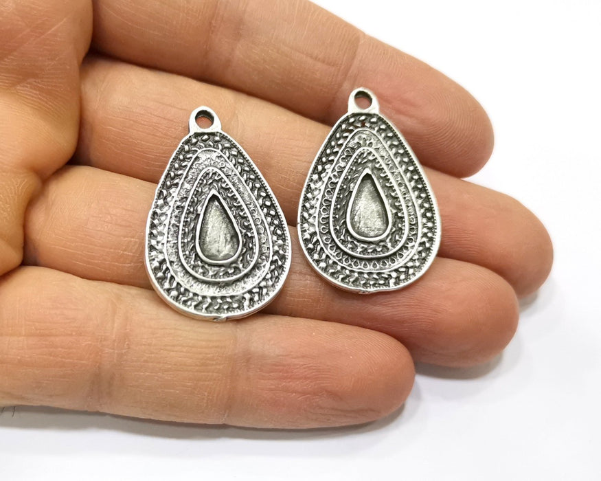 4 Teardrop Charms Antique Silver Plated Charms (33x22mm)  G17535
