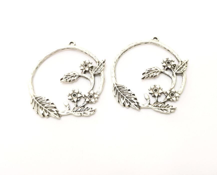 2 Silver Flower and Leaf Charms Antique Silver Plated Charms (38x34mm)  G17920