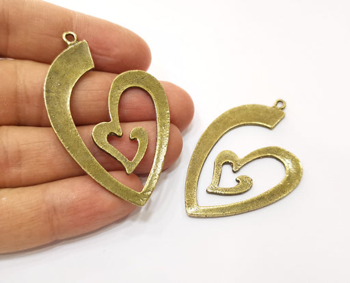 2 Heart Charm Antique Bronze Plated Charm (57x37mm) G17768