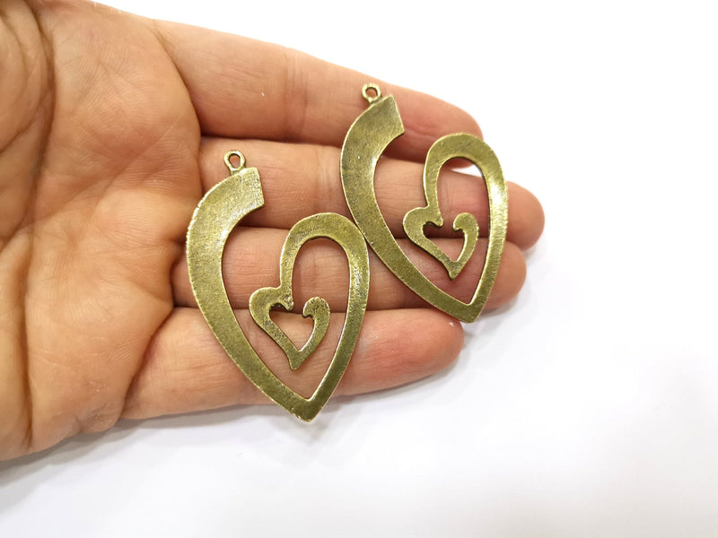 2 Heart Charm Antique Bronze Plated Charm (57x37mm) G17768