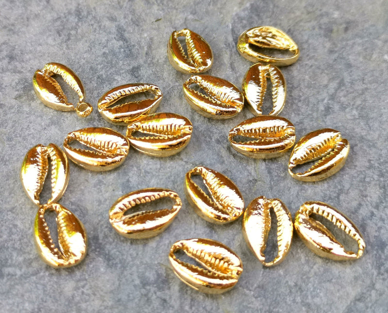 5 Cowrie Shell Charms Shiny Gold Plated Shell Charms (14x10mm)  G17976