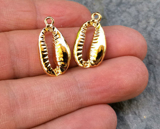 4 Cowrie Shell Charms Shiny Gold Plated Shell Charms (23x13mm)  G17972