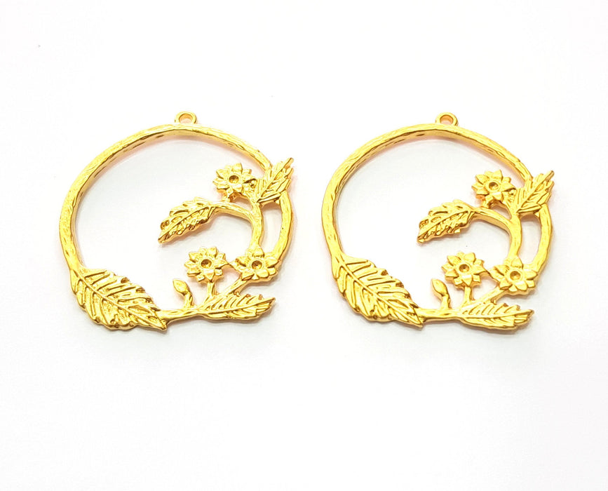 2 Branch, Leaf and Flower Gold Charms Gold Plated Charms  (40x36mm)  G17980