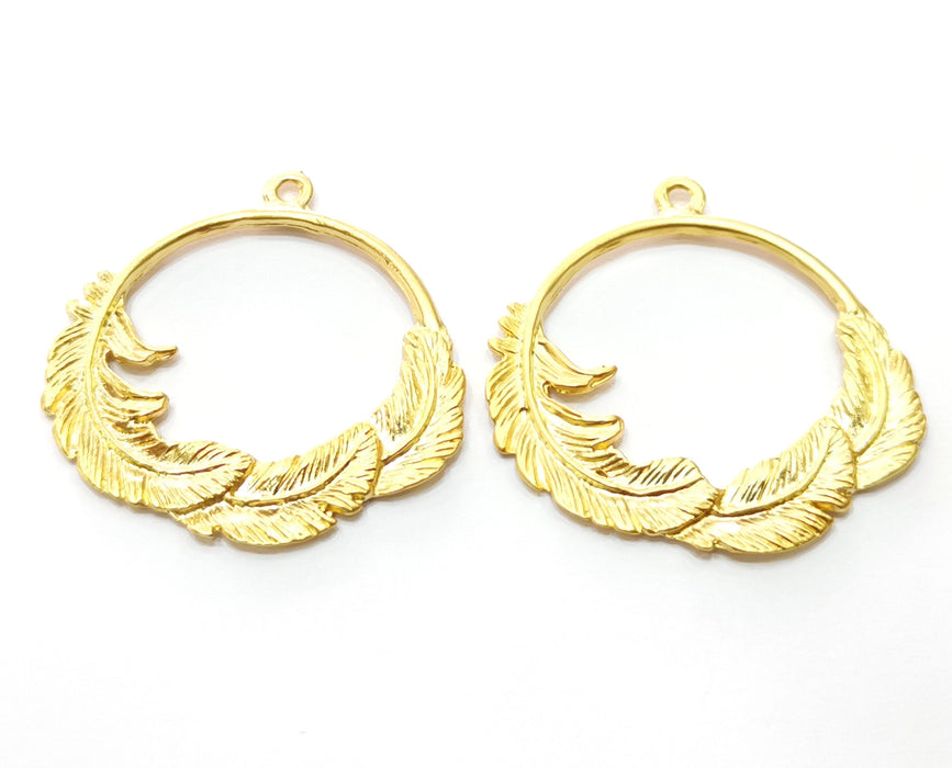 2 Feather Gold Charms Gold Plated Charms  (38x37mm)  G18038