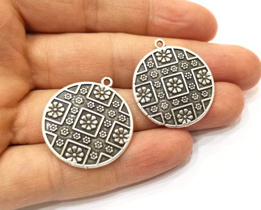 2 Flower Charms Antique Silver Plated Charms (29mm)  G17794