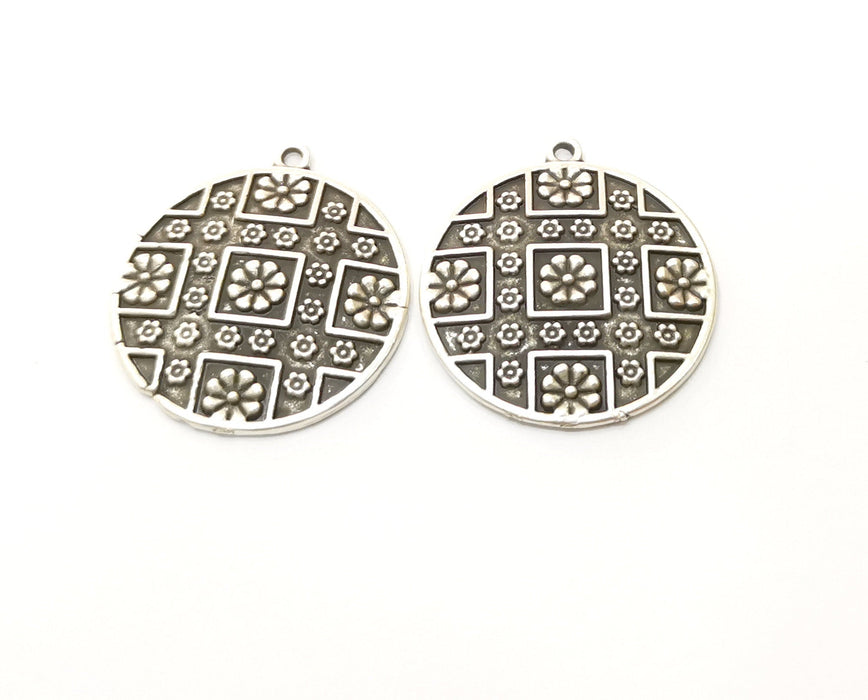 2 Flower Charms Antique Silver Plated Charms (29mm)  G17794