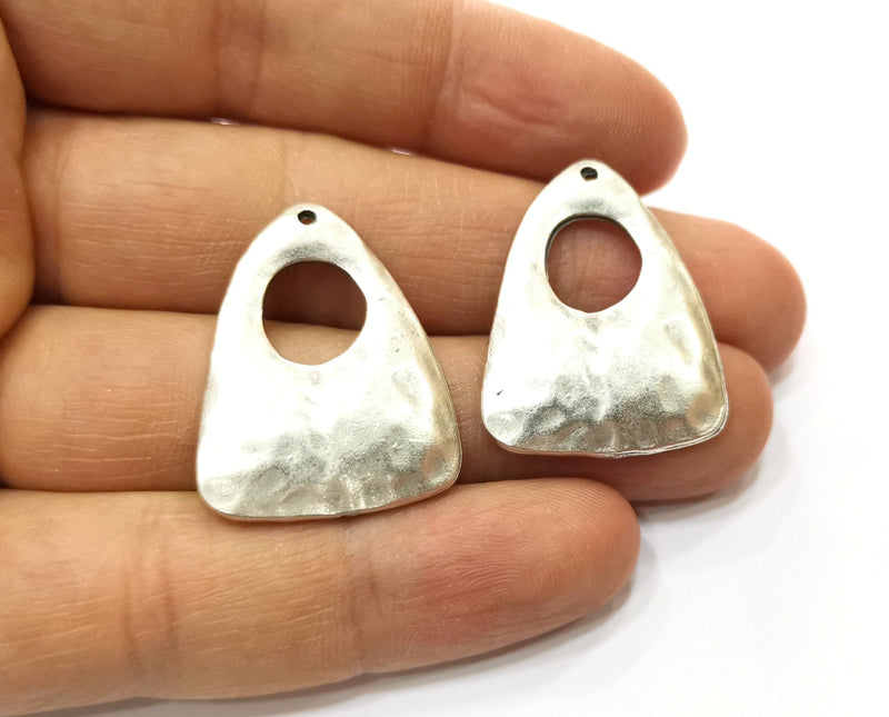 2 Silver Hammered Charms Antique Silver Plated Charms (30x24mm)  G17824