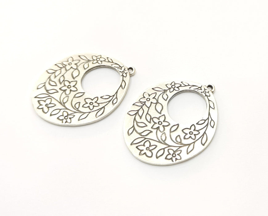 2 Flower Charms Antique Silver Plated Charms (36x28mm)  G17828