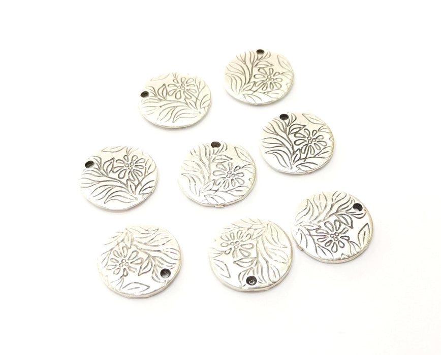 10 Flower Charms Antique Silver Plated Charms (15mm)  G17839