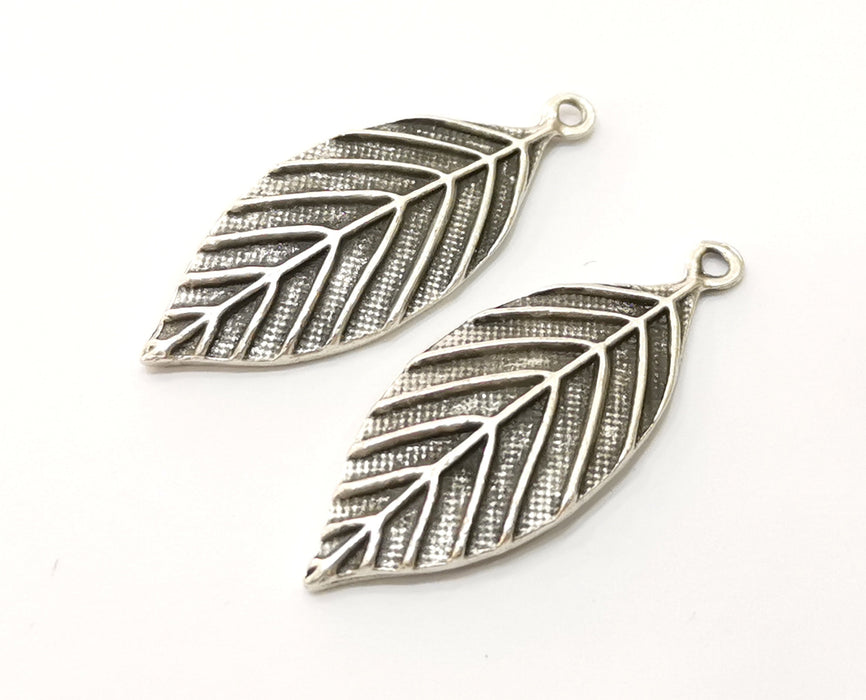 4 Silver Leaf Charms Antique Silver Plated Charms (41x16mm) G18071