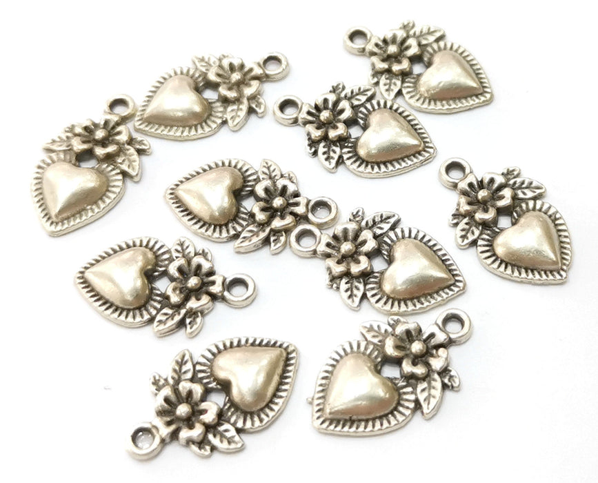 10 Silver Heart Flower Charms Antique Silver Plated Charms (18x11mm) G18073