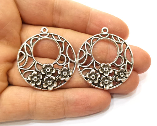 2 Flower Charms Antique Silver Plated Charms (38x34mm)  G18098