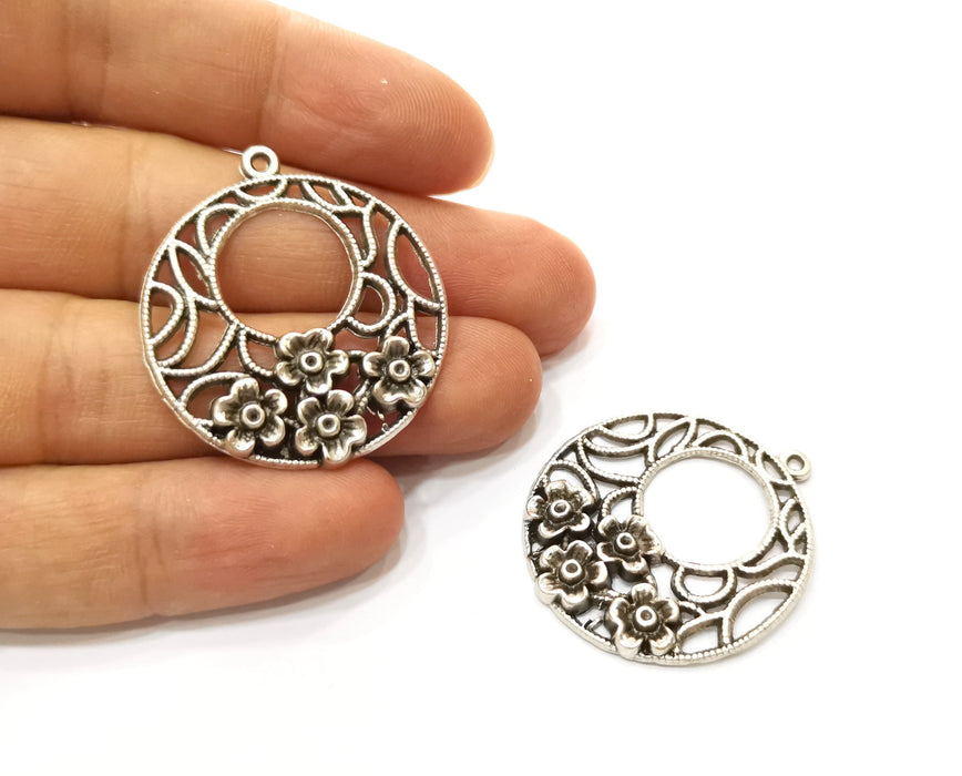 2 Flower Charms Antique Silver Plated Charms (38x34mm)  G18098