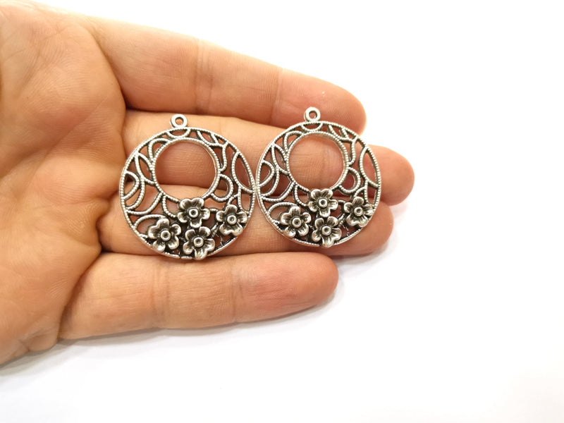 2 Flower Charms Antique Silver Plated Charms (38x34mm)  G18098