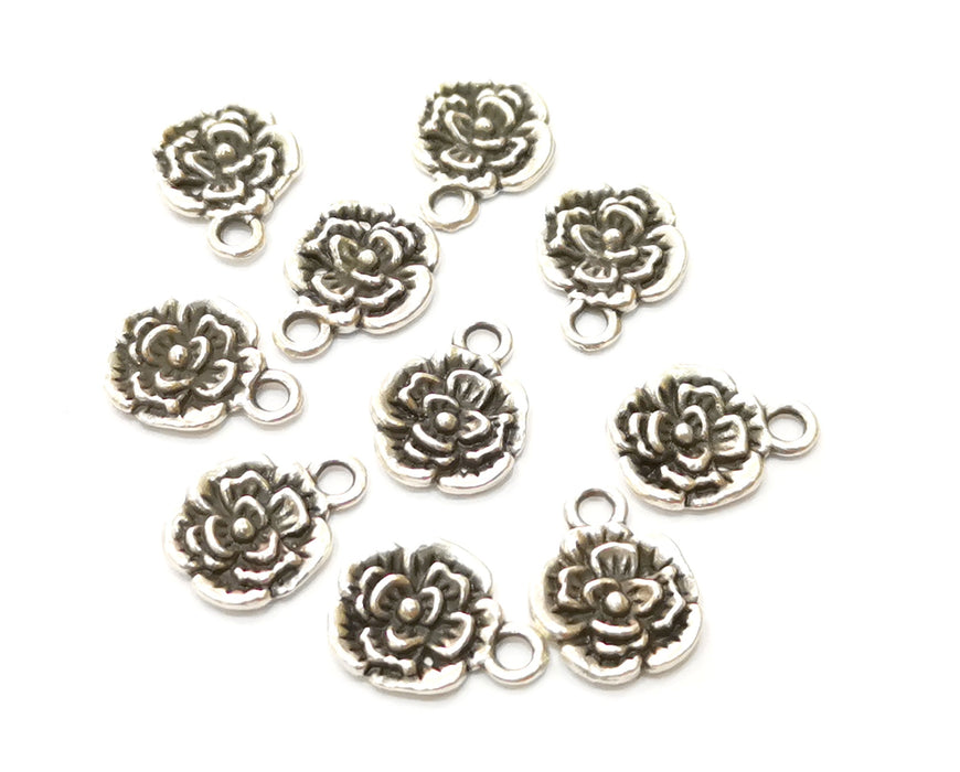 10 Flower Charms Antique Silver Plated Charms (13x10mm)  G18109