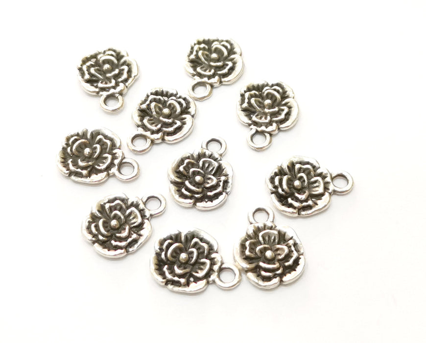 10 Flower Charms Antique Silver Plated Charms (13x10mm)  G18109