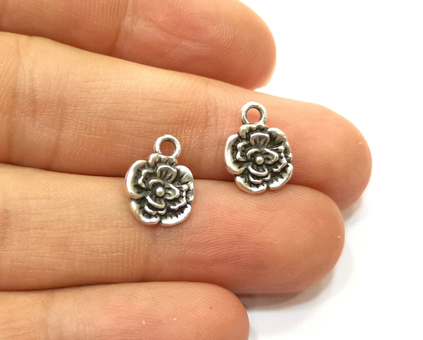 10 Flower Charms Antique Silver Plated Charms (13x10mm)  G18109