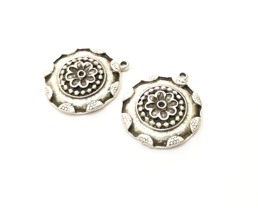 2 Flower Charms Antique Silver Plated Charms (24mm)  G18114