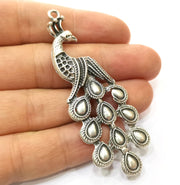 2 Peacock Charms Antique Silver Plated Charms (76x27mm)  G18121