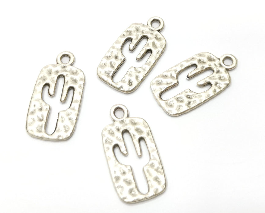 10 Hammered Cactus (Double Sided) Charms Antique Silver Plated Charms (23x12mm)  G18133