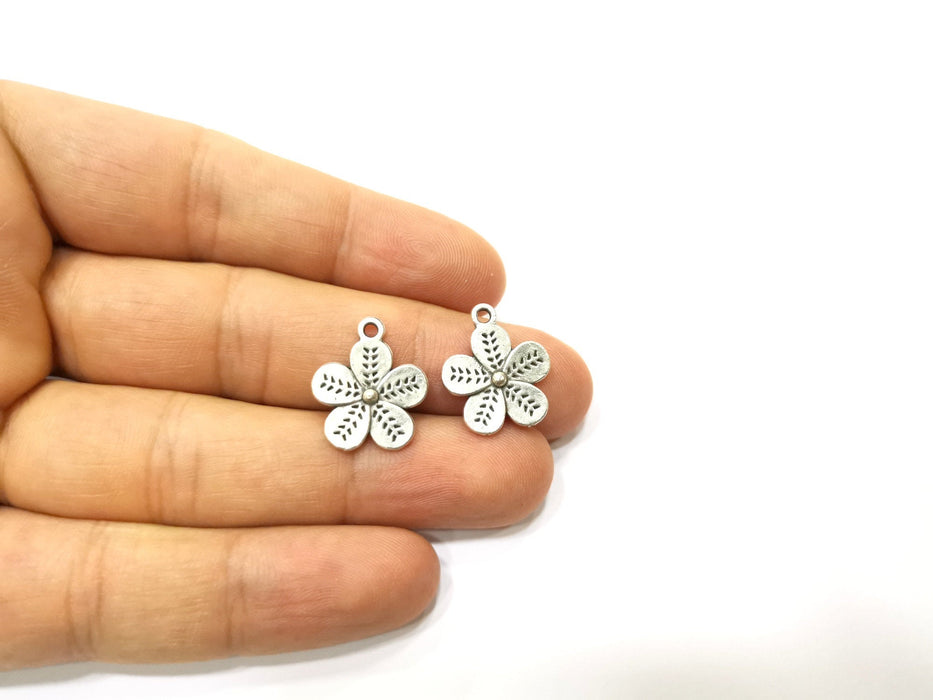 10 Flower Charms Antique Silver Plated Charms (19x16mm)  G18138