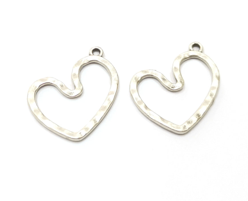 10 Silver Hammered Heart Charms Antique Silver Plated Charms (25x26mm)  G18163