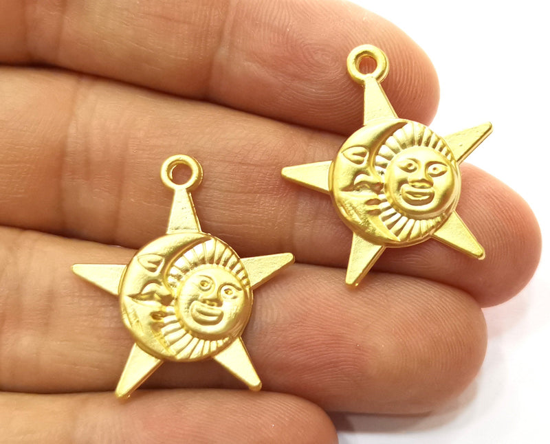4 Sun,Moon and Star Charms Gold Plated Charms (27x24mm)  G18198