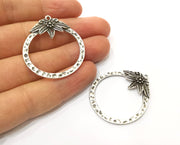 2 Flowered Hammered Circle Charms Antique Silver Plated Charms (41x36mm)  G17902
