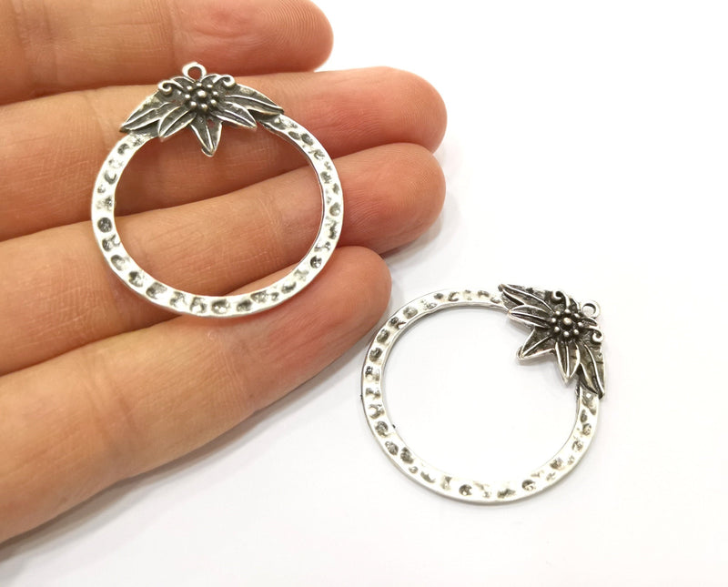 2 Flowered Hammered Circle Charms Antique Silver Plated Charms (41x36mm)  G17902
