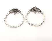 2 Flowered Hammered Circle Charms Antique Silver Plated Charms (41x36mm)  G17902