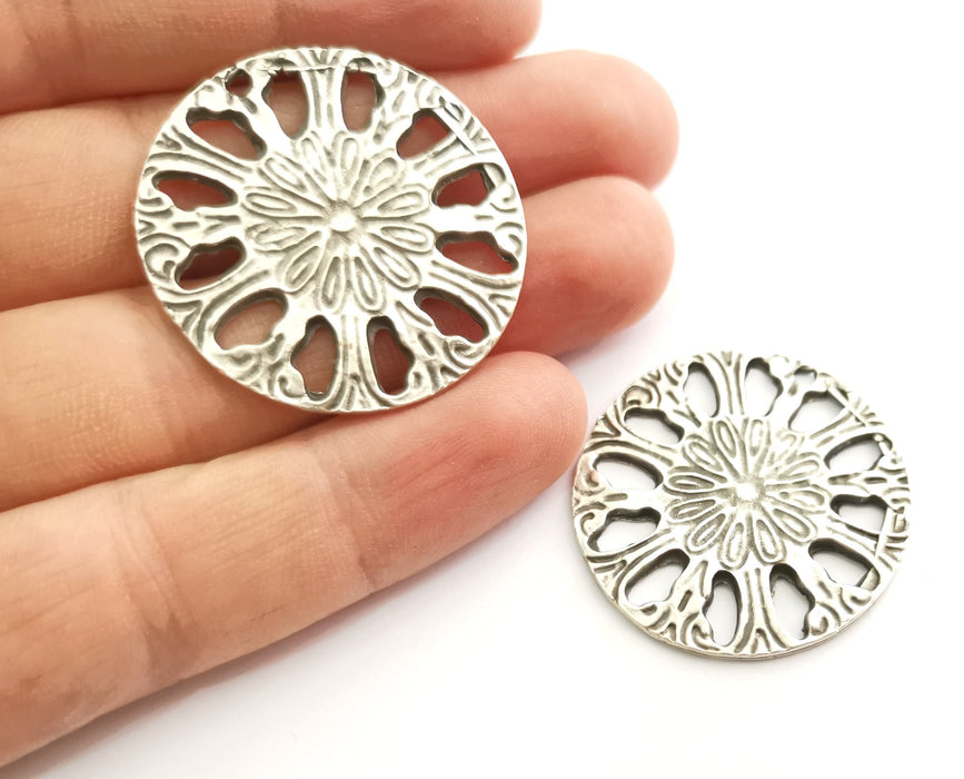 2 Silver Flower Charms Antique Silver Plated Charms (37mm) G18321