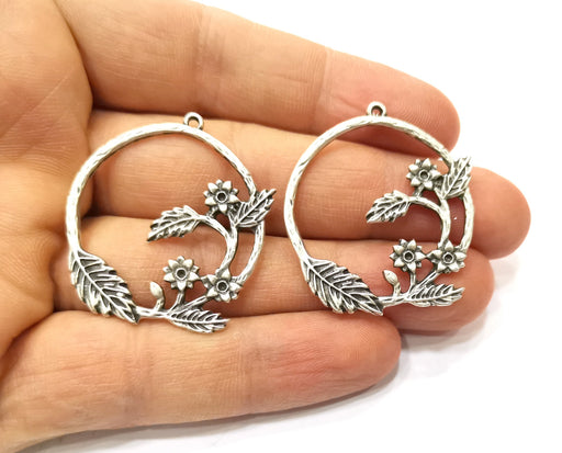 2 Silver Flower and Leaf Charms Antique Silver Plated Charms (38x34mm)  G17920