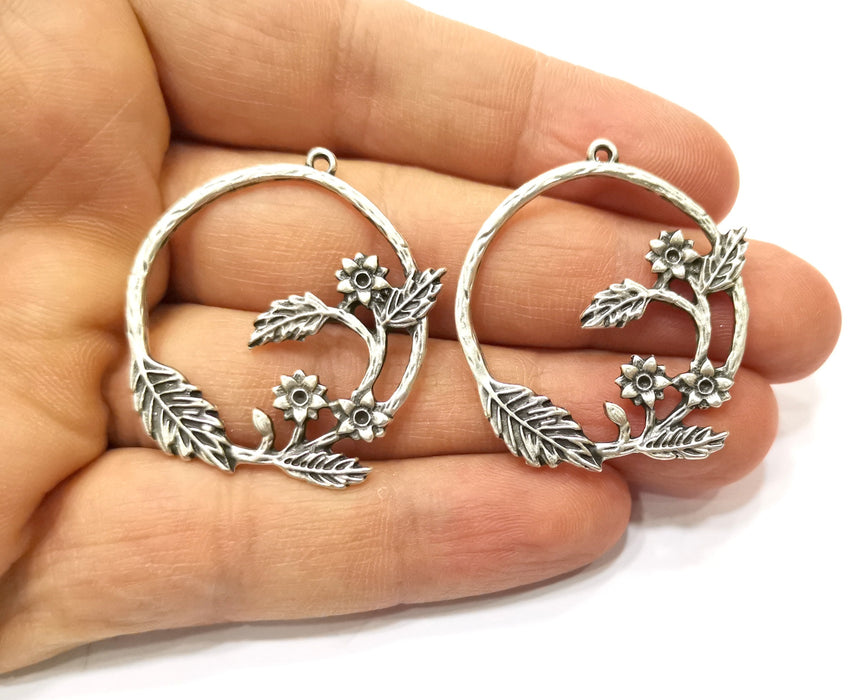 2 Silver Flower and Leaf Charms Antique Silver Plated Charms (38x34mm)  G17920