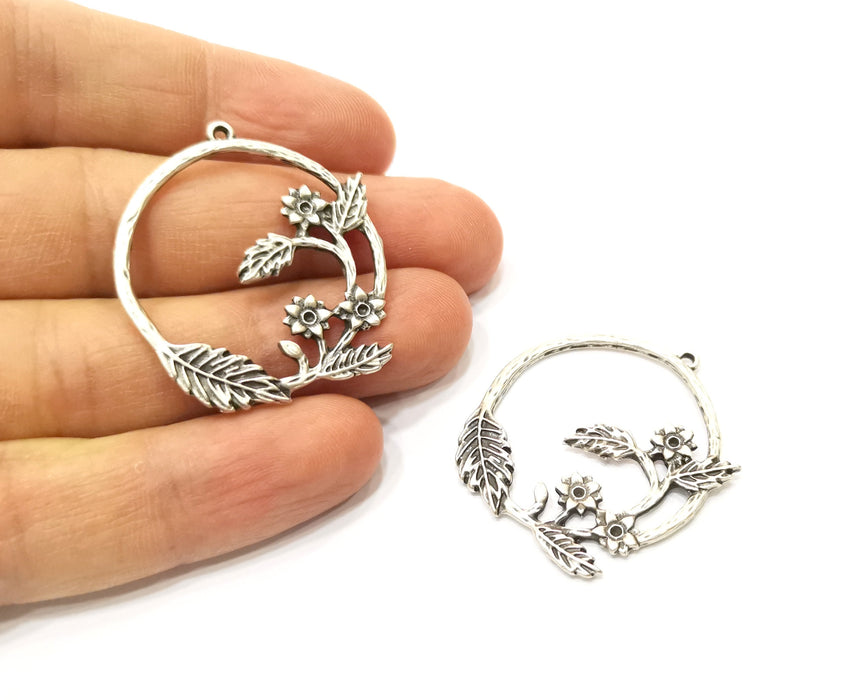 2 Silver Flower and Leaf Charms Antique Silver Plated Charms (38x34mm)  G17920