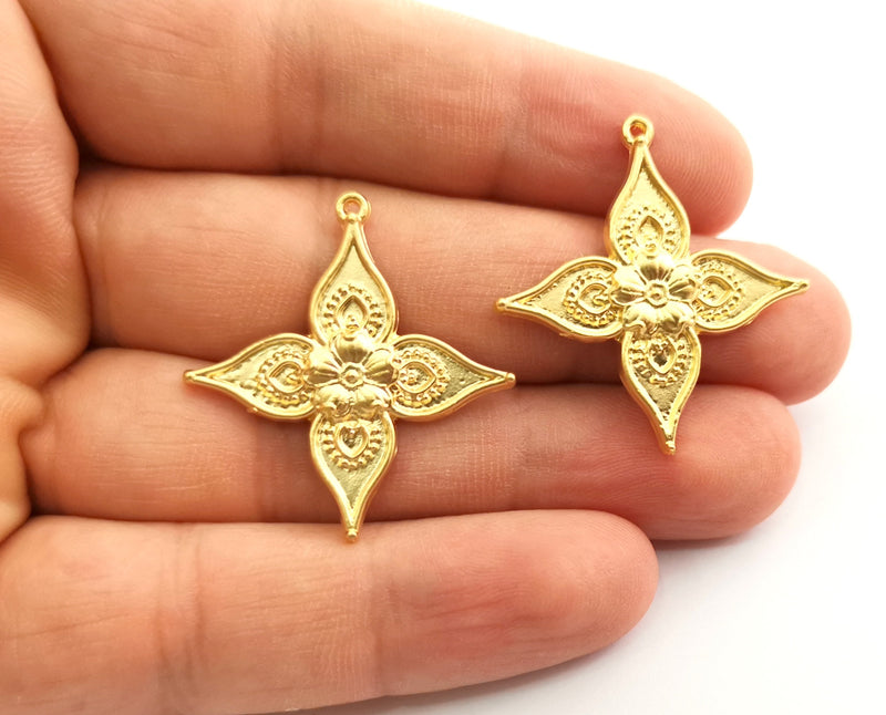 2 Gold Flower Charms Gold Plated Charms (34x32mm)  G18365