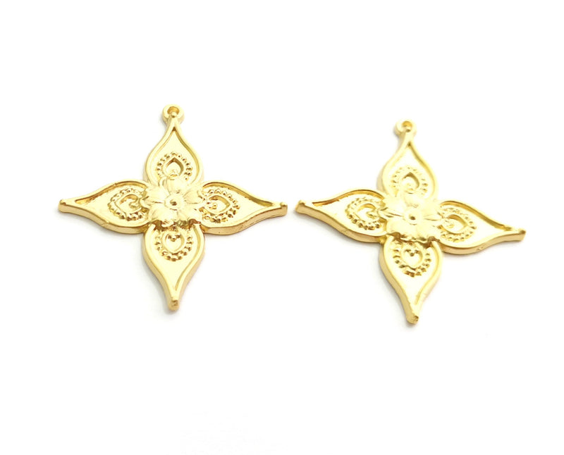 2 Gold Flower Charms Gold Plated Charms (34x32mm)  G18365