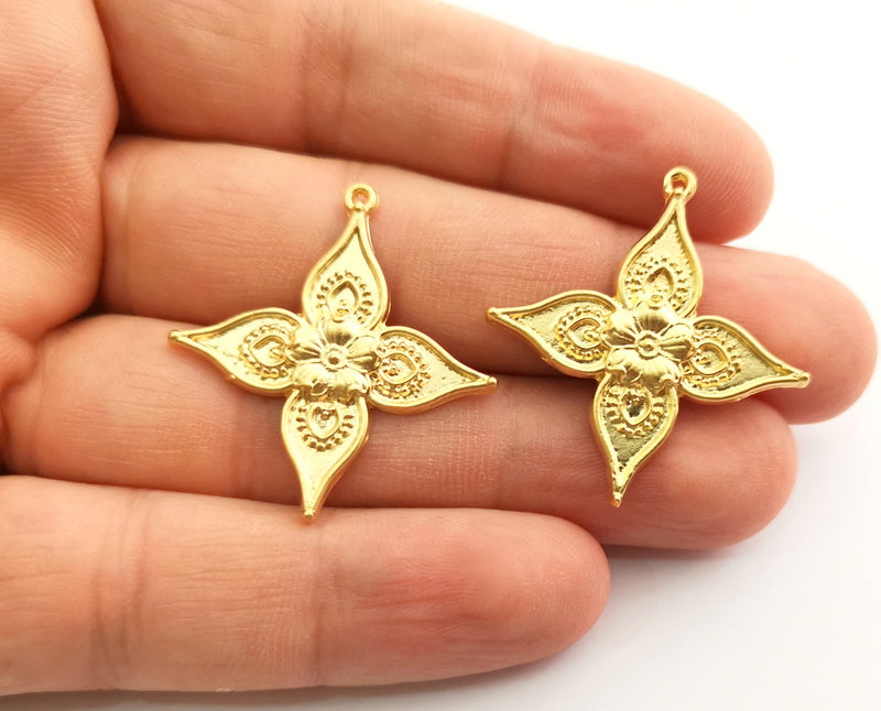 2 Gold Flower Charms Gold Plated Charms (34x32mm)  G18365