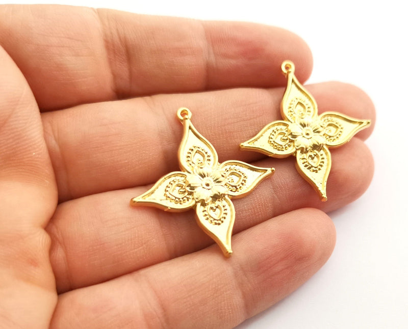 2 Gold Flower Charms Gold Plated Charms (34x32mm)  G18365