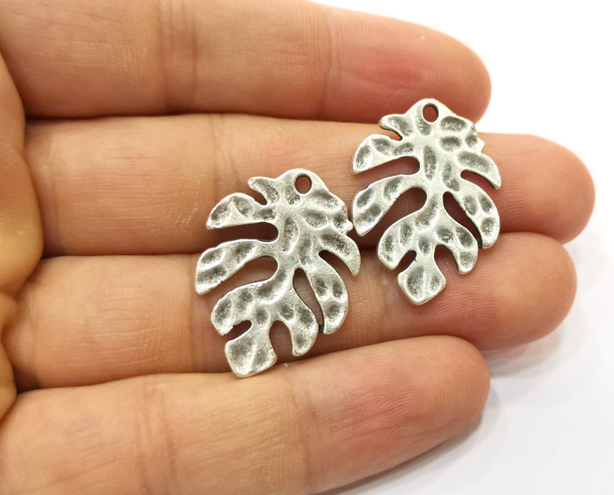 4 Monstera Leaf Charms Antique Silver Plated Charms (29x21mm)  G18425