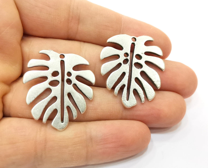 2 Monstera Leaf Charms Antique Silver Plated Charms (33x29mm)  G18431