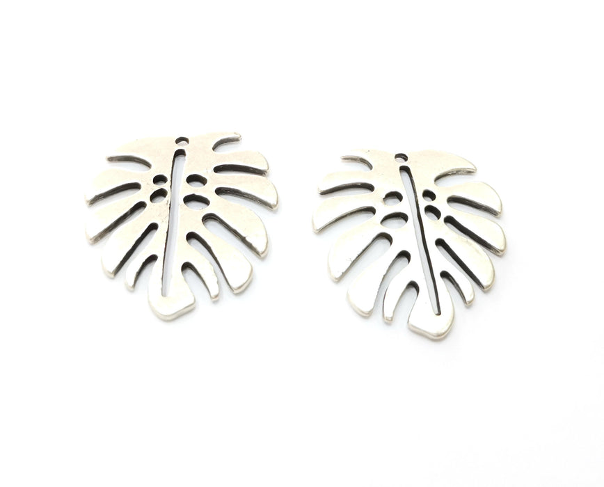 2 Monstera Leaf Charms Antique Silver Plated Charms (33x29mm)  G18431