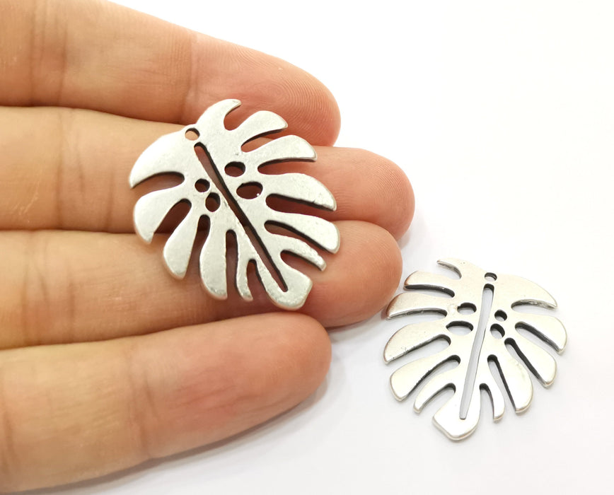 2 Monstera Leaf Charms Antique Silver Plated Charms (33x29mm)  G18431