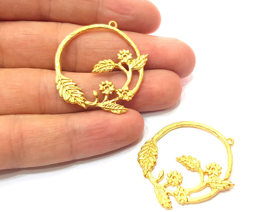 2 Branch, Leaf and Flower Gold Charms Gold Plated Charms  (40x36mm)  G17980