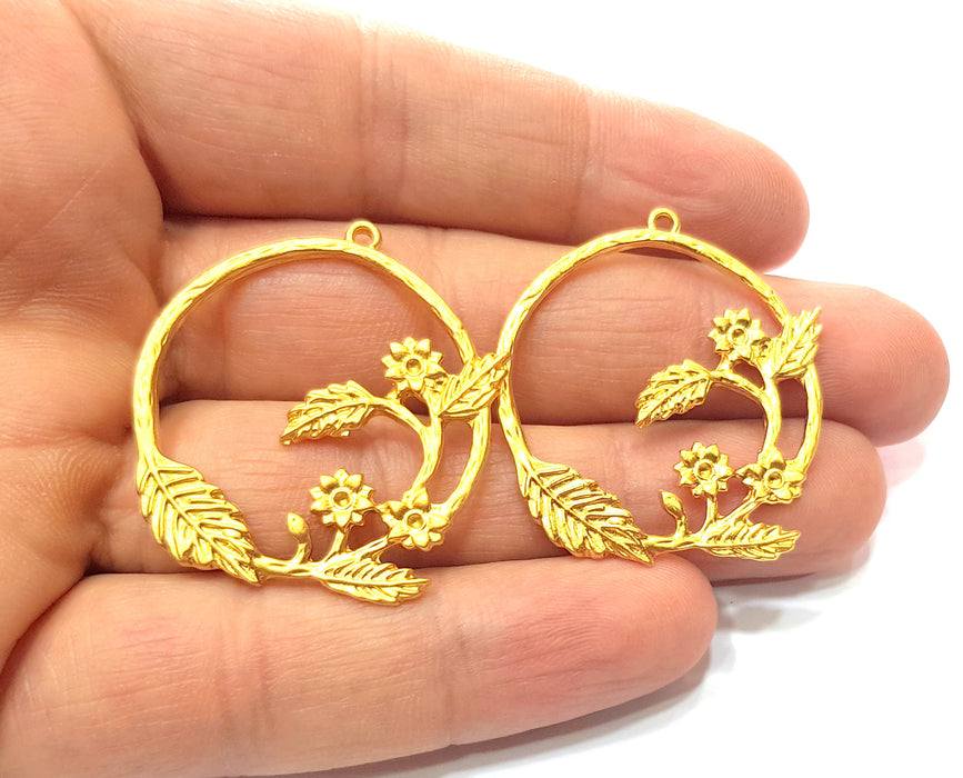 2 Branch, Leaf and Flower Gold Charms Gold Plated Charms  (40x36mm)  G17980