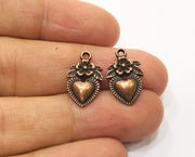 10 Copper Heart Flower Charms Antique Copper Plated Charms (18x11mm) G18503